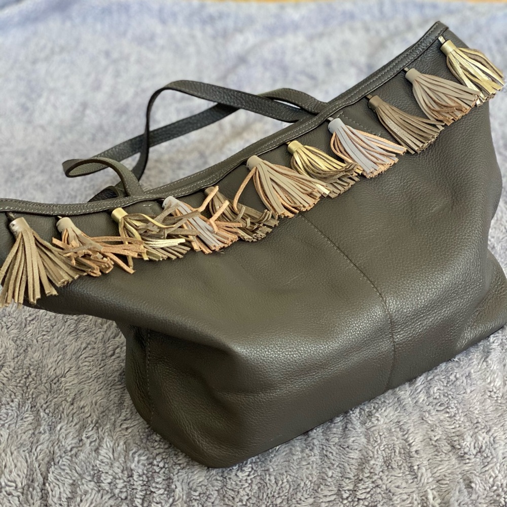 Rebecca Minkoff dark gray leather tassel tote bag